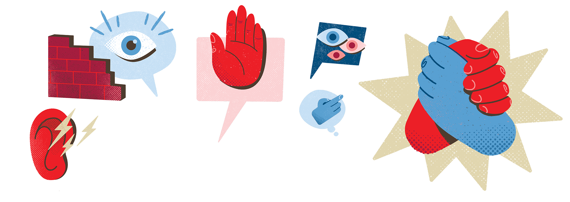 Various symbols, an ear, an eye in a speech bubble, a hand in a speech bubble, hands holding each other.