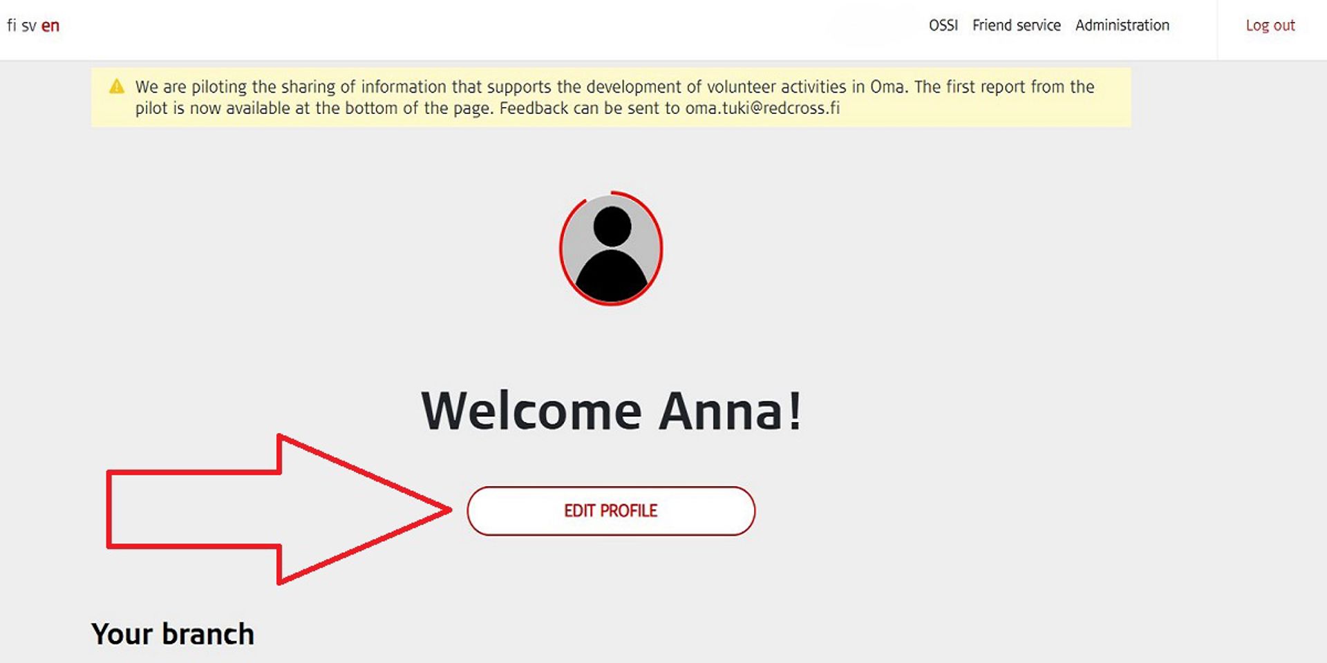 Screenshot from the Oma system. A red arrow points towards the Edit profile button on the profile front page.