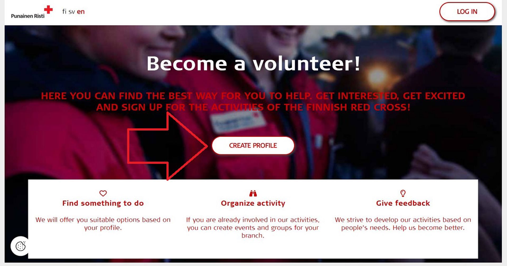 Screenshot of the Oma front page. A red arrow points towards the Create profile button in the middle of the page.