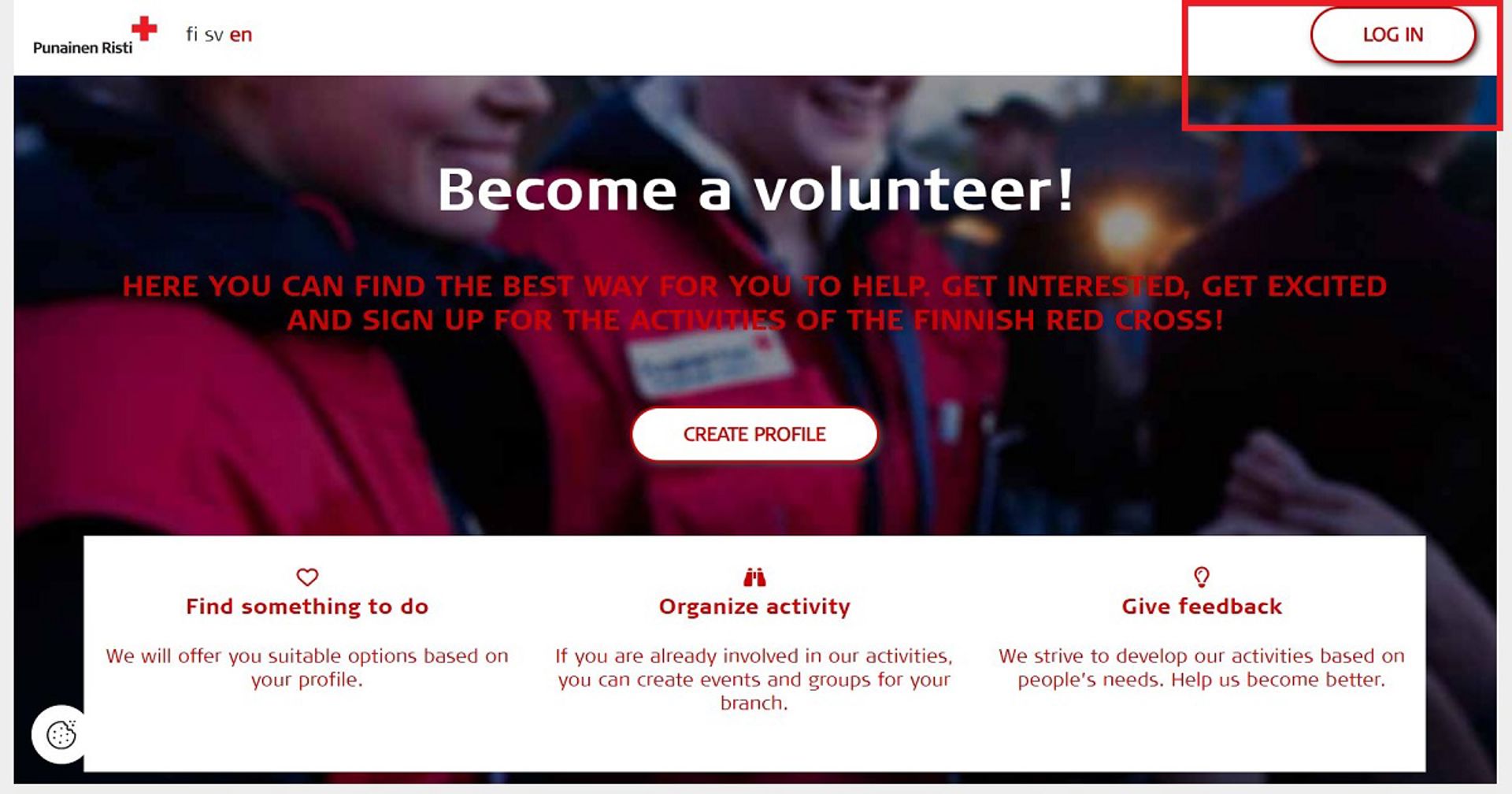 Screenshot of the Oma front page. The log in button in the upper right corner is marked with a red rectangle.