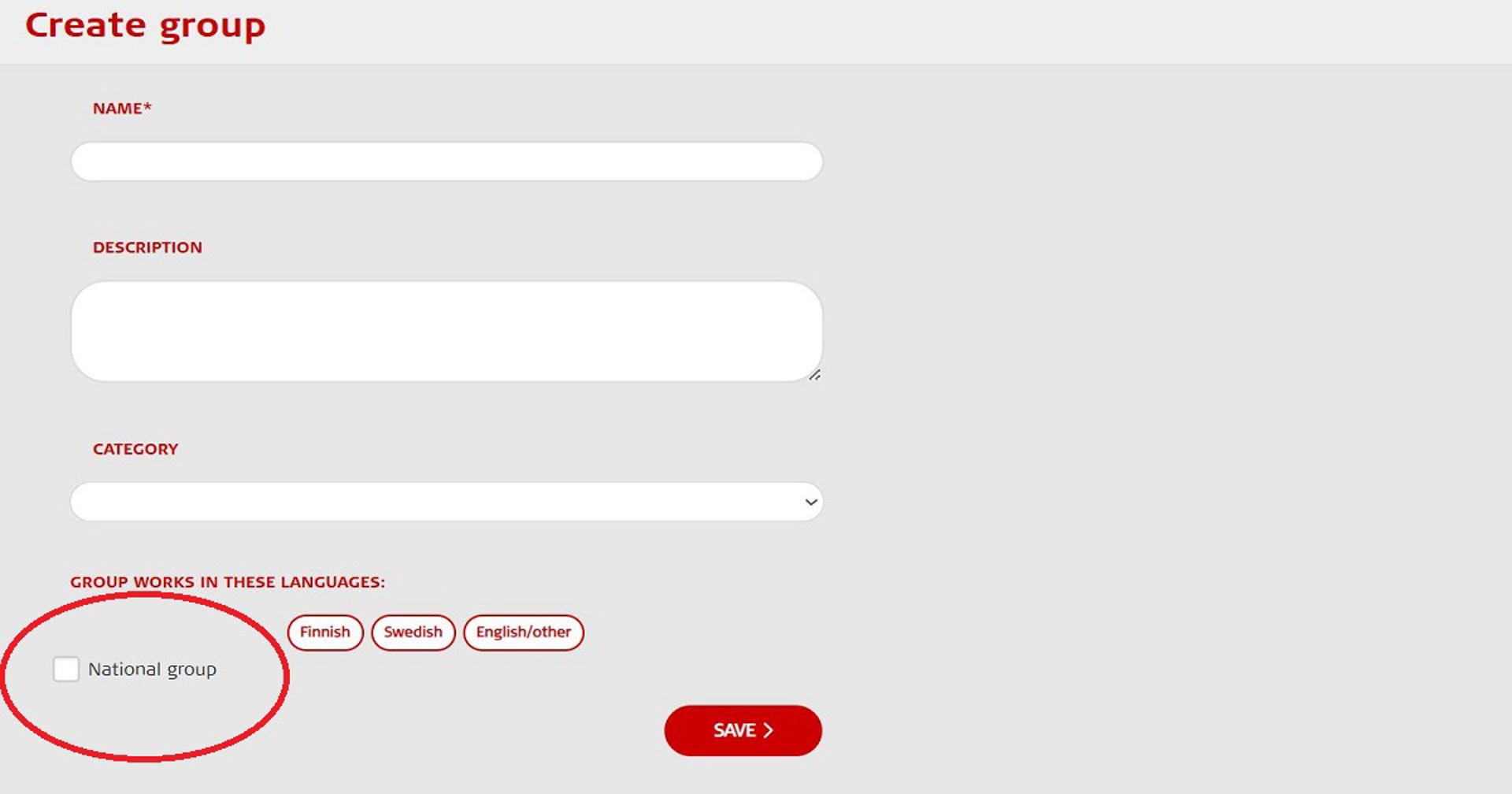 Screenshot of the Oma system. A red circle marks the box that needs to be ticked when creating a national group. 