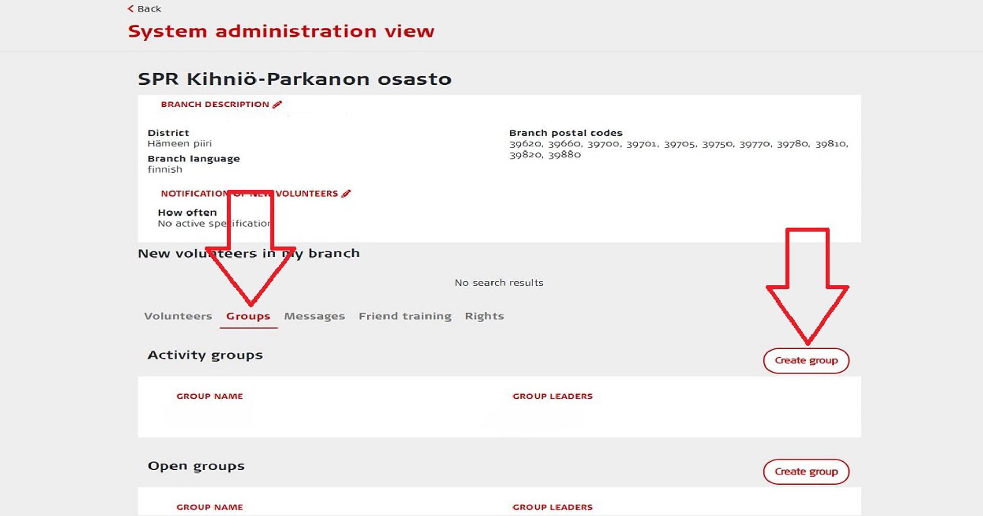 Screenshot of the Oma system. Red arrows show how an activity group is created. 