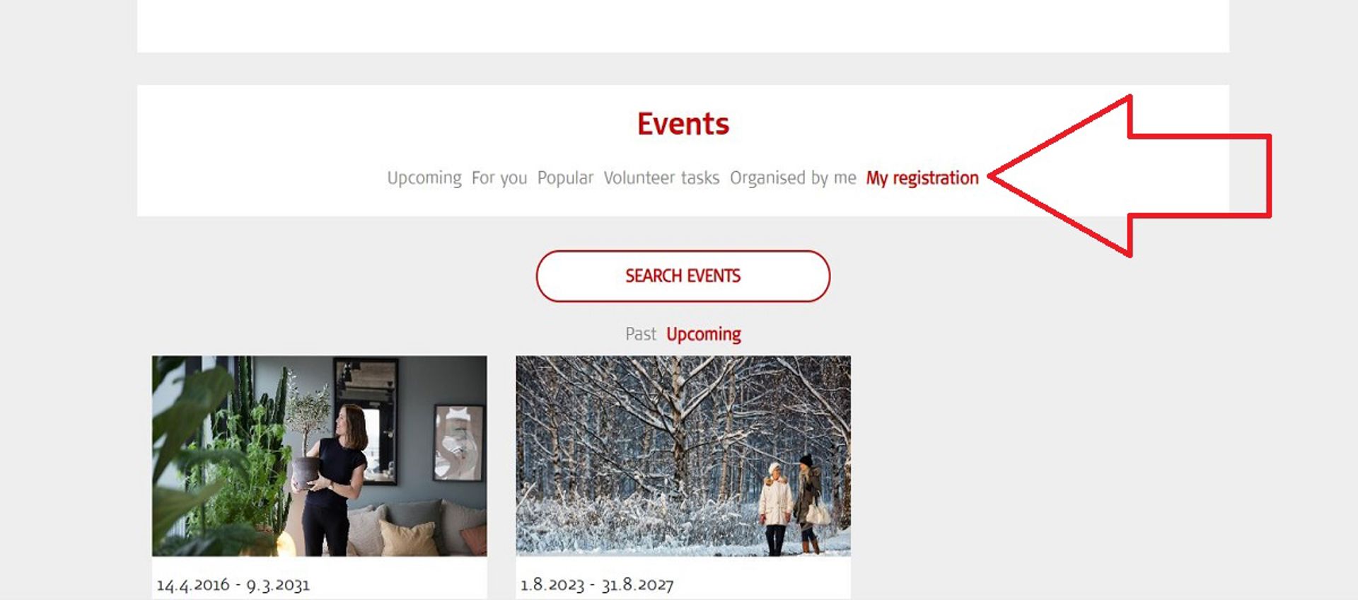 Screenshot of the Oma system. A red arrow shows where you can find all the events you have signed up for.