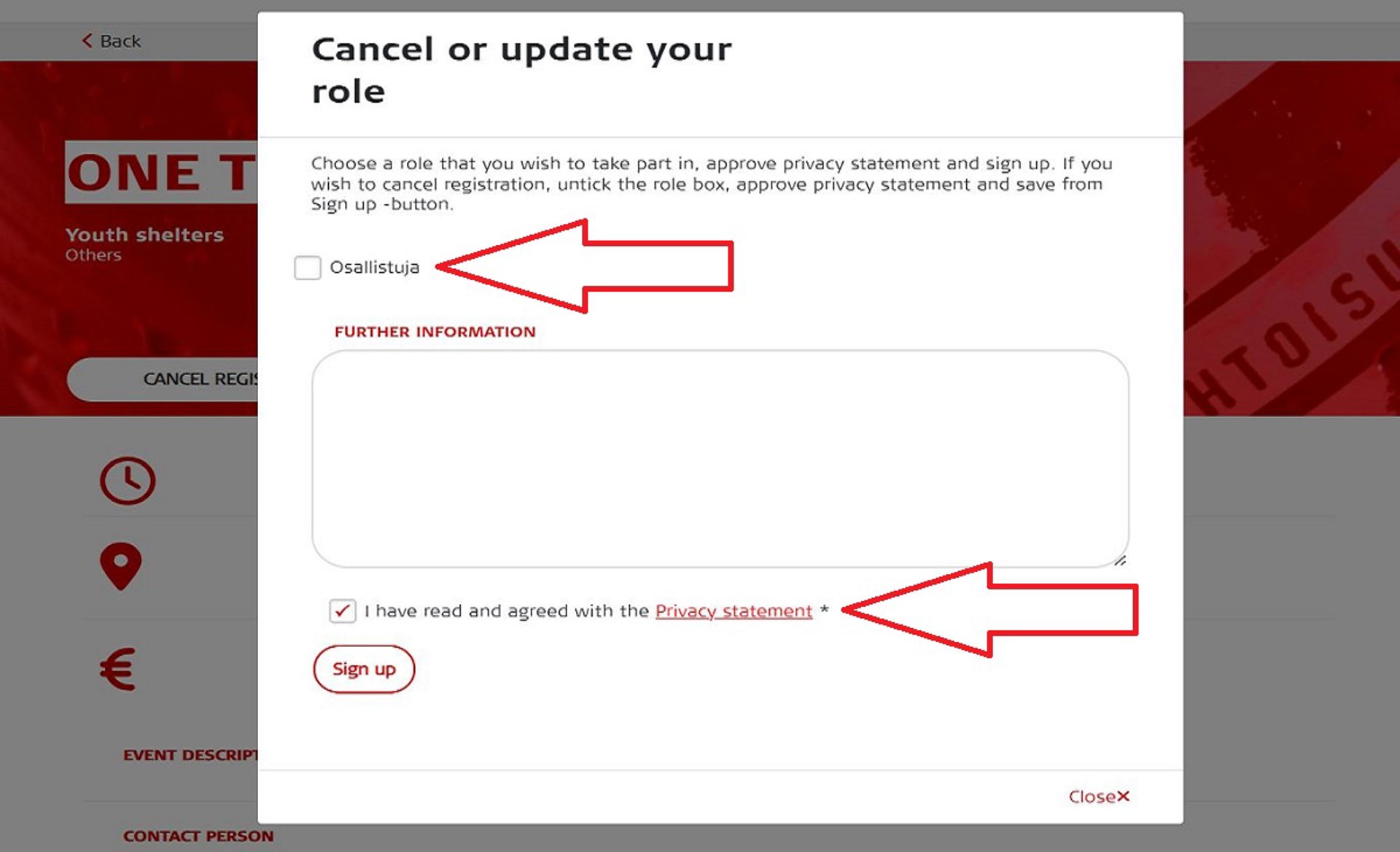Screenshot of the Oma system when canceling a registration for an event.