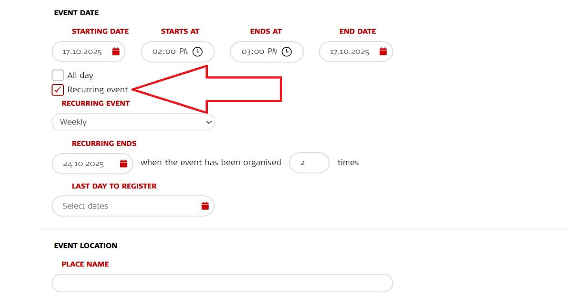 Screenshot of the Oma event announcement template. A red arrow points towards the Recurring event section that should be ticked when creating a recurring event.