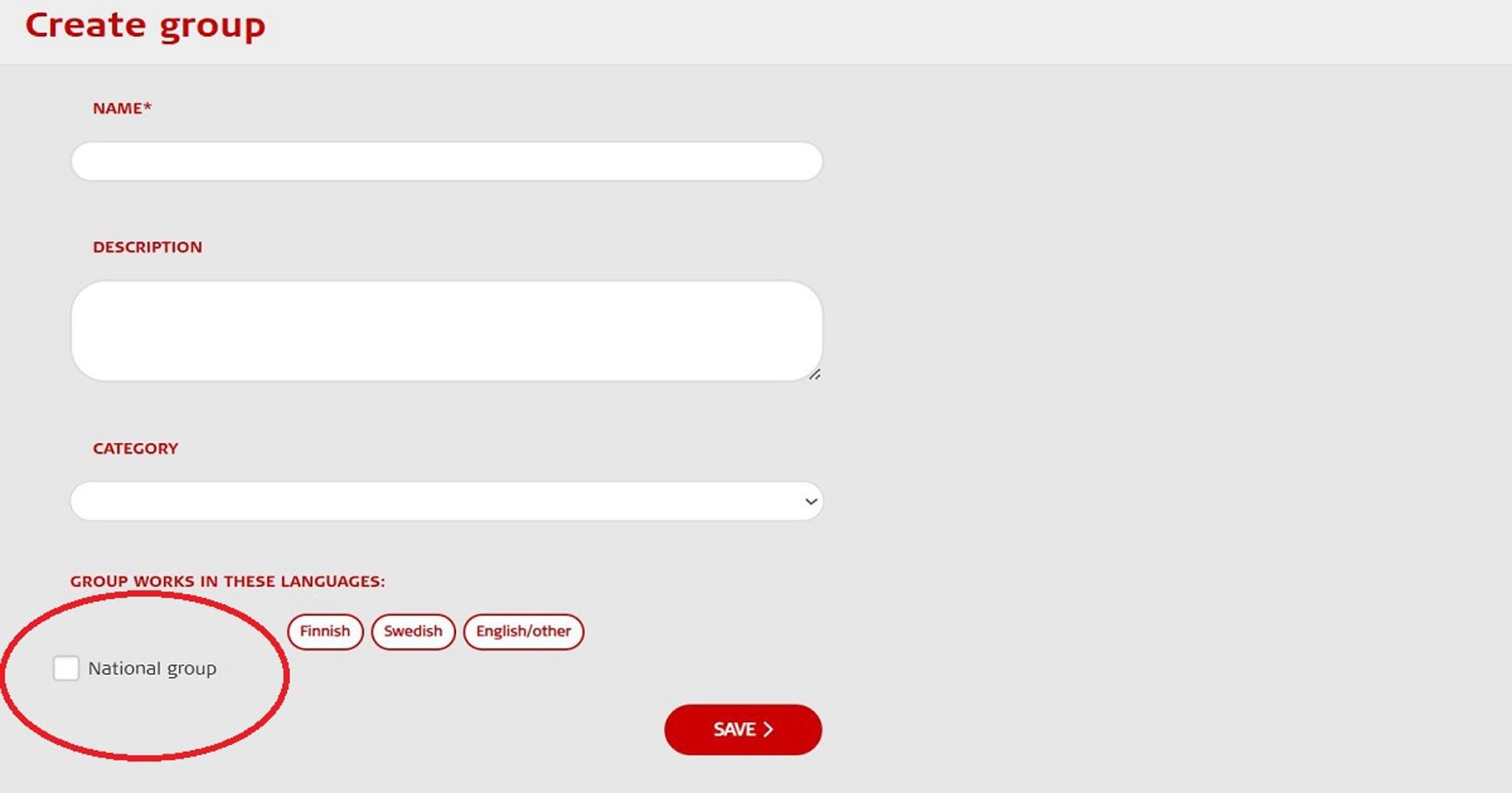 Screenshot of the Oma system. A red circle marks the box that needs to be ticked when creating a national group. 