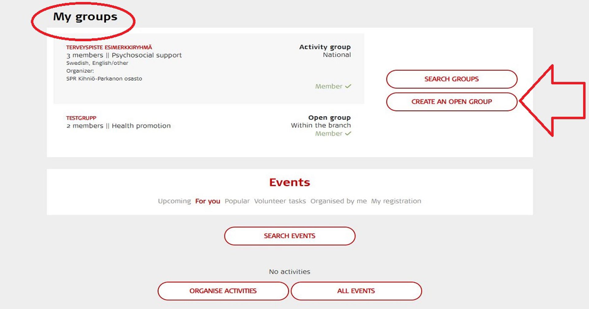 Screenshot of the Oma front page for logged-in users. A red arrow points towards the Create an Open Group button.