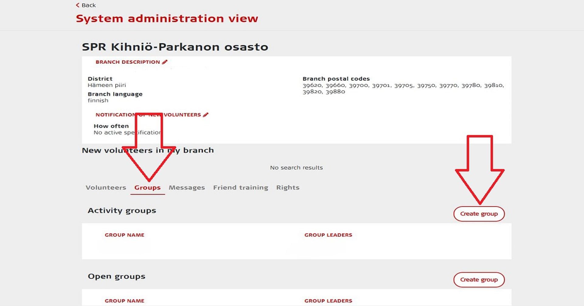 Screenshot of the Oma system. Red arrows show how an activity group is created. 