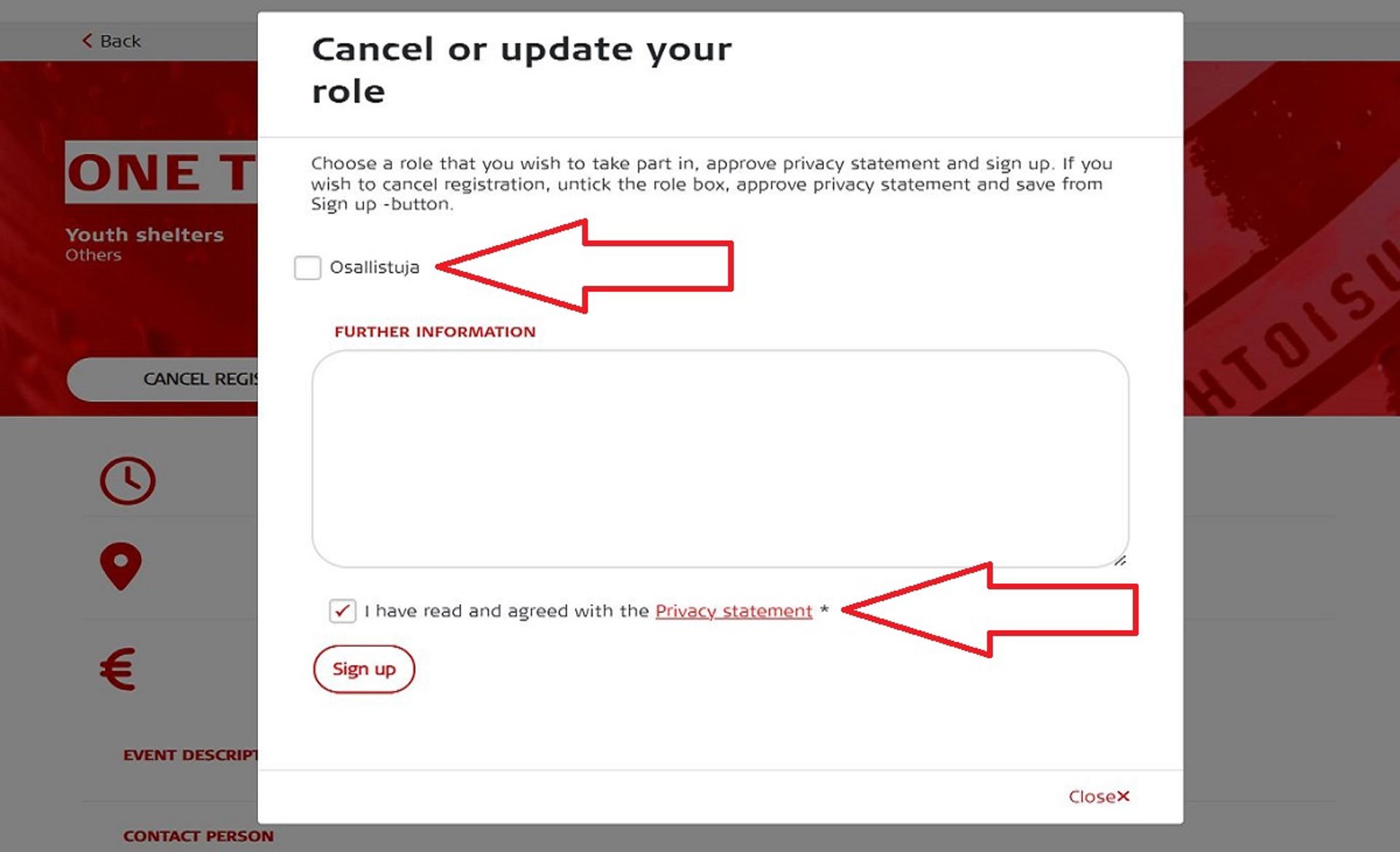 Screenshot of the Oma system when canceling a registration for an event.