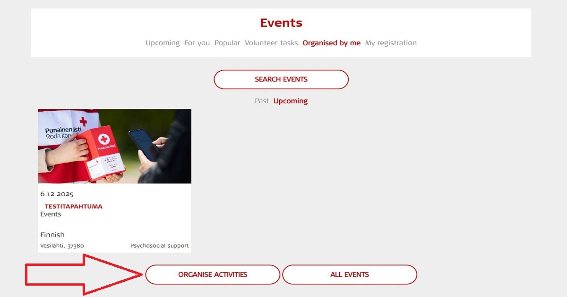 Screenshot of the Oma system. A red arrow points towards the Organise activities button. 