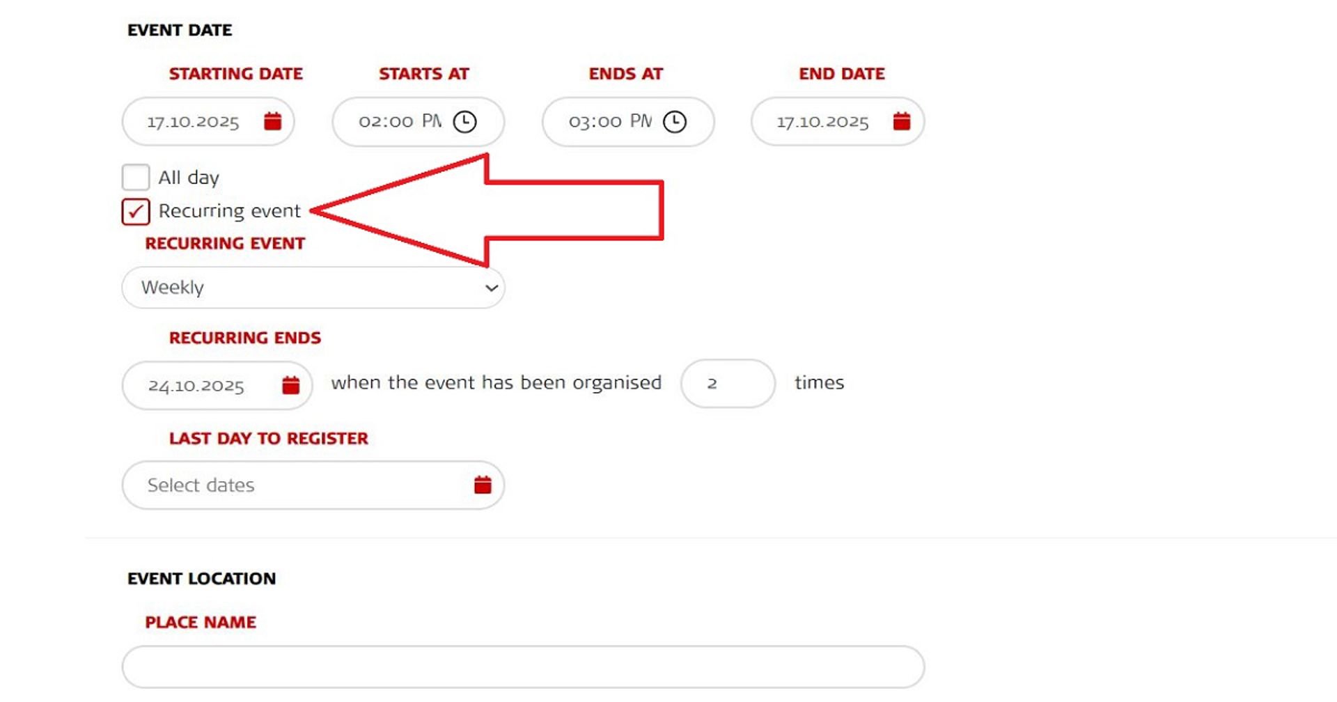 Screenshot of the Oma event announcement template. A red arrow points towards the Recurring event section that should be ticked when creating a recurring event.