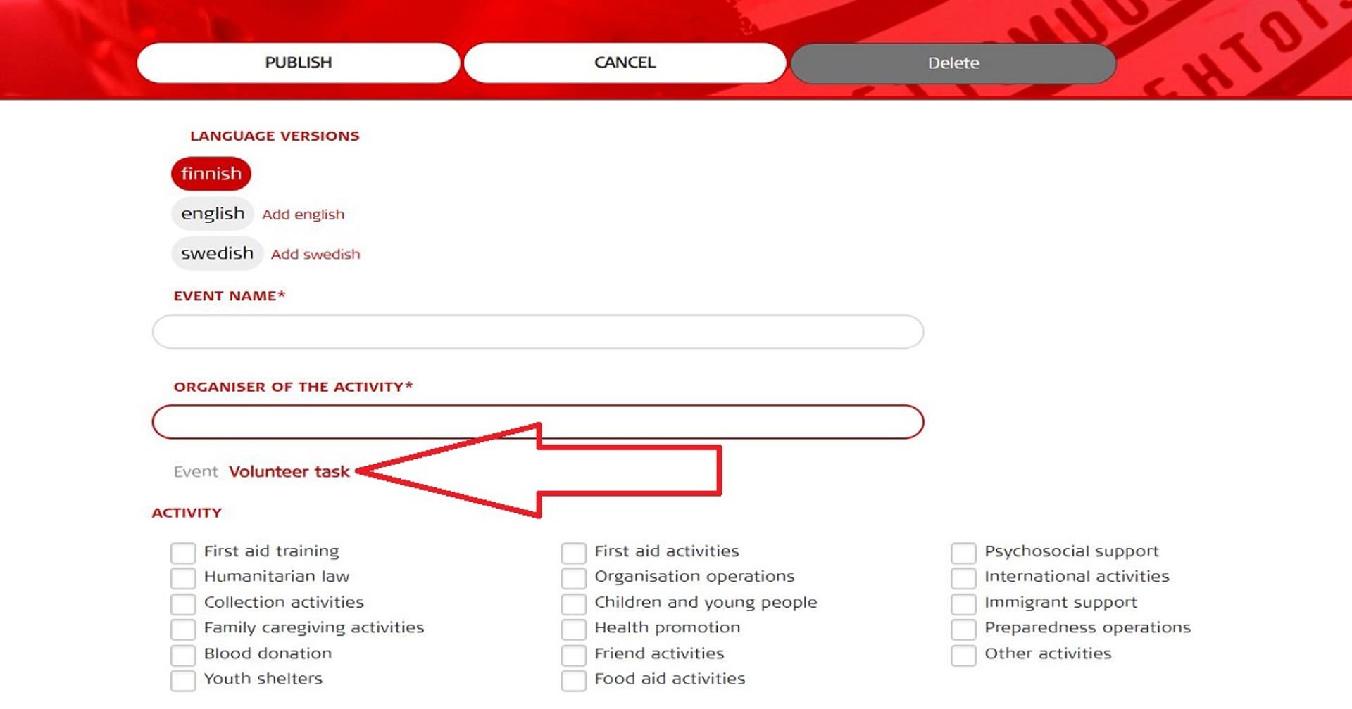 Screenshot of the Oma event announcement template. A red arrow points towards the Volunteer task button.