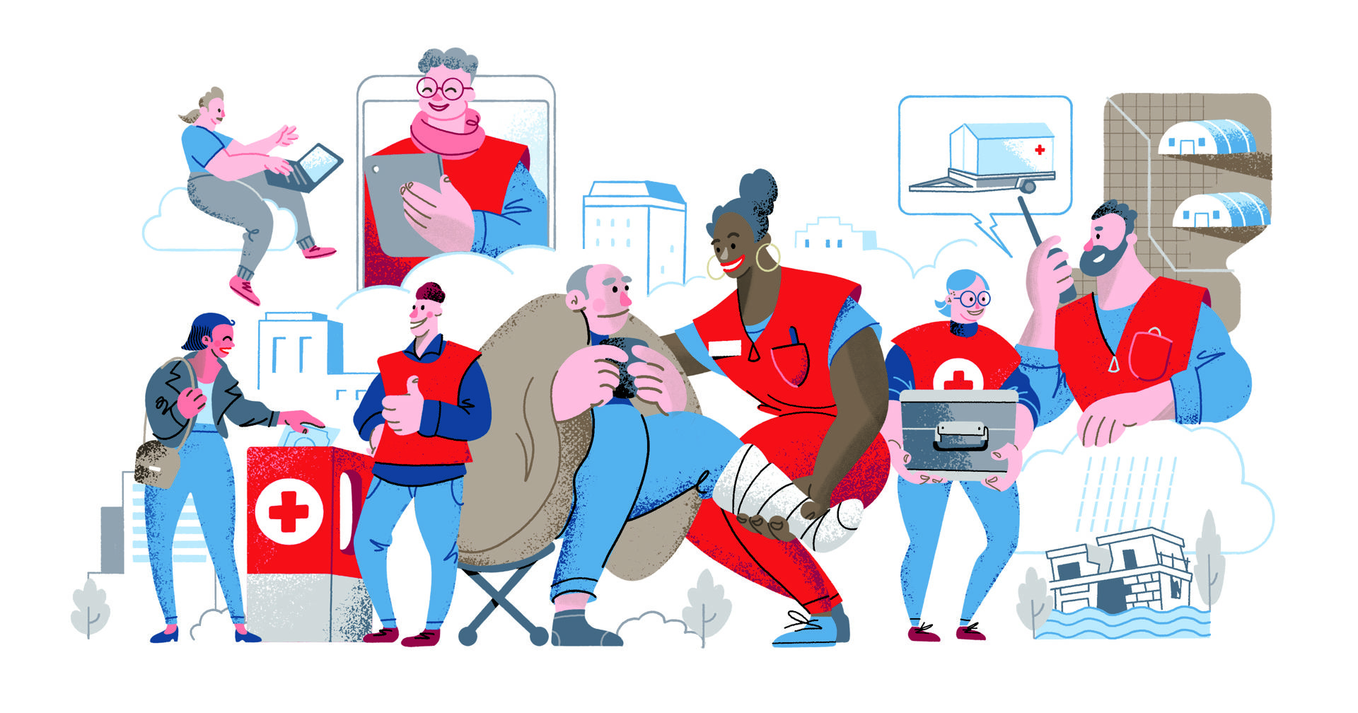 An illustration of Red Cross activities: face-to-face and online fundraising, first aid, volunteer friend services, and disaster relief, such as assembling hospital tents in a crisis area.