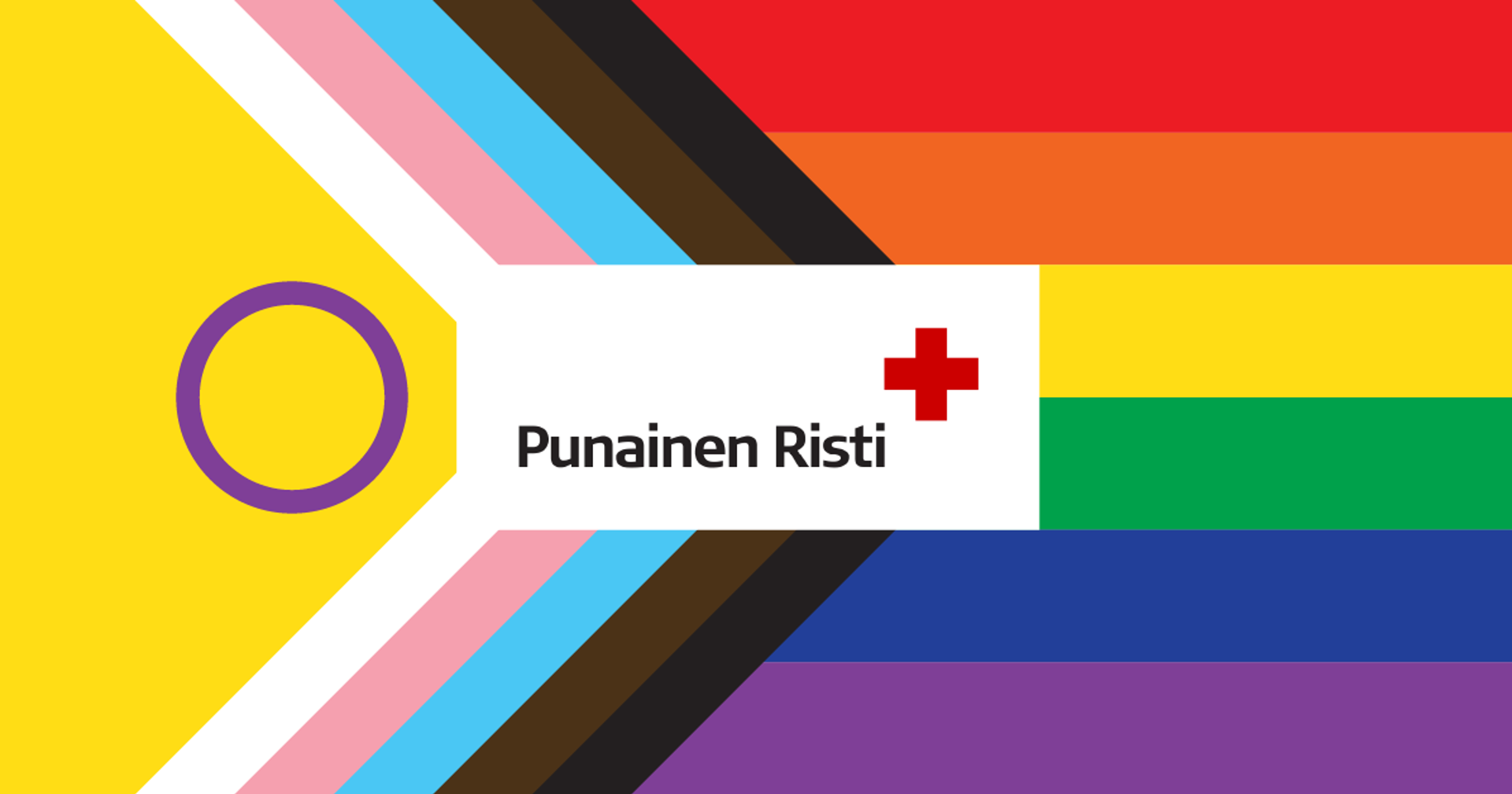 A Pride flag with the Finnish Red Cross logo in the center.