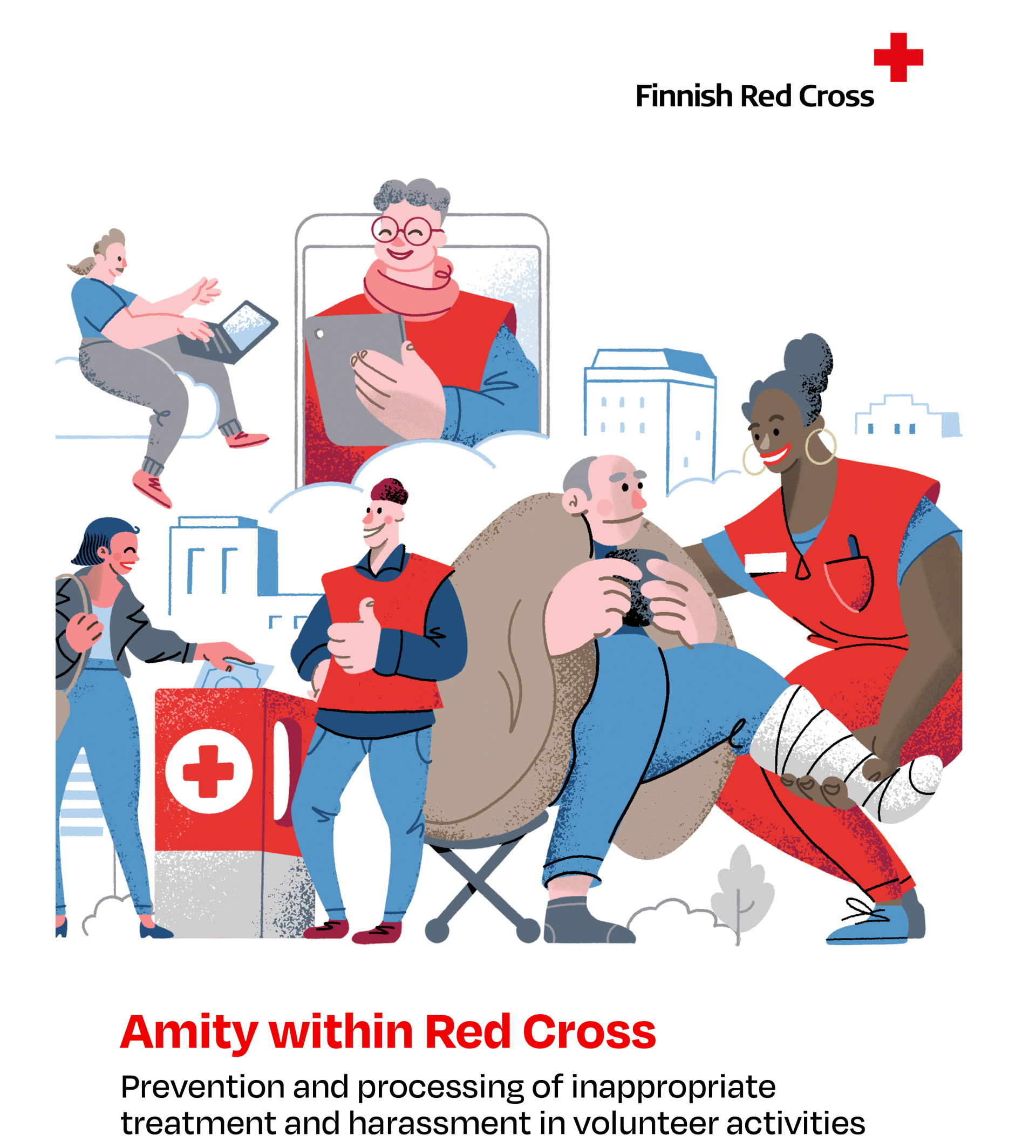 Cover of the Amity Guide, featuring cartoon helper characters and the text: Preventing and processing inappropriate treatment and harassment in volunteer activities.