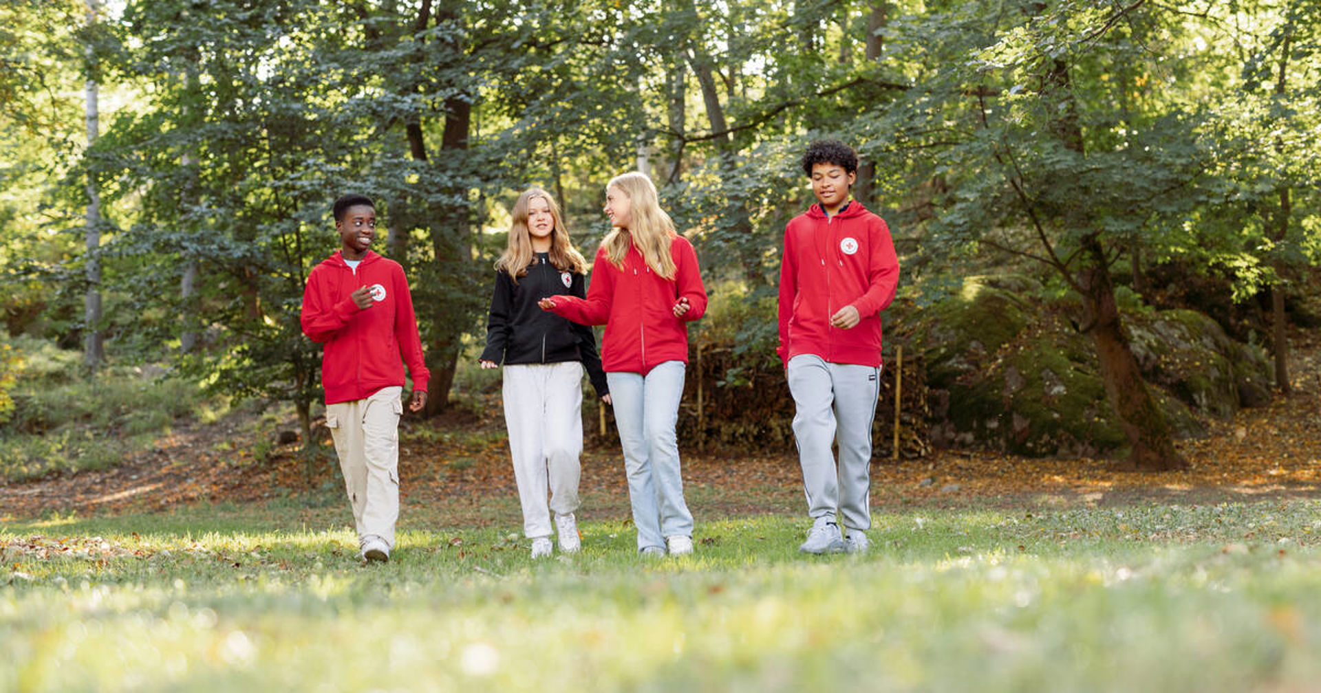 Four young people walking and talking in a summery park, wearing Red Cross hoodies.