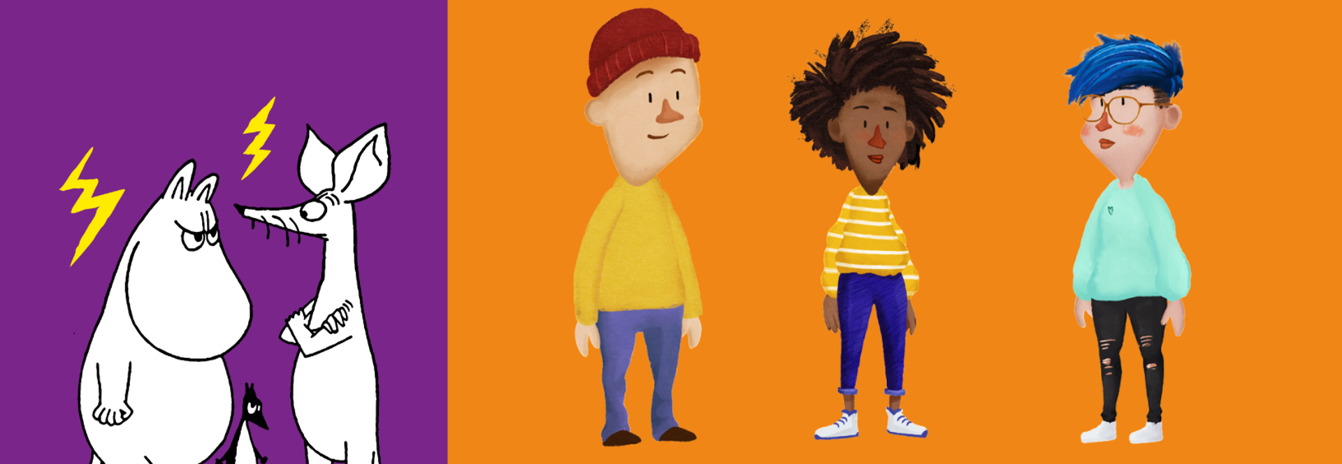 Cartoon-like picture with moomin characters and young people.